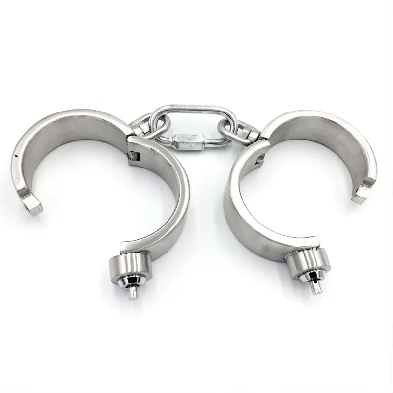 Heavy Stainless Steel Press Lock Wrist Handcuffs Ankle Cuffs Neck Collar Choker Shackles BDSM Restraint Chain Slave Game Couples