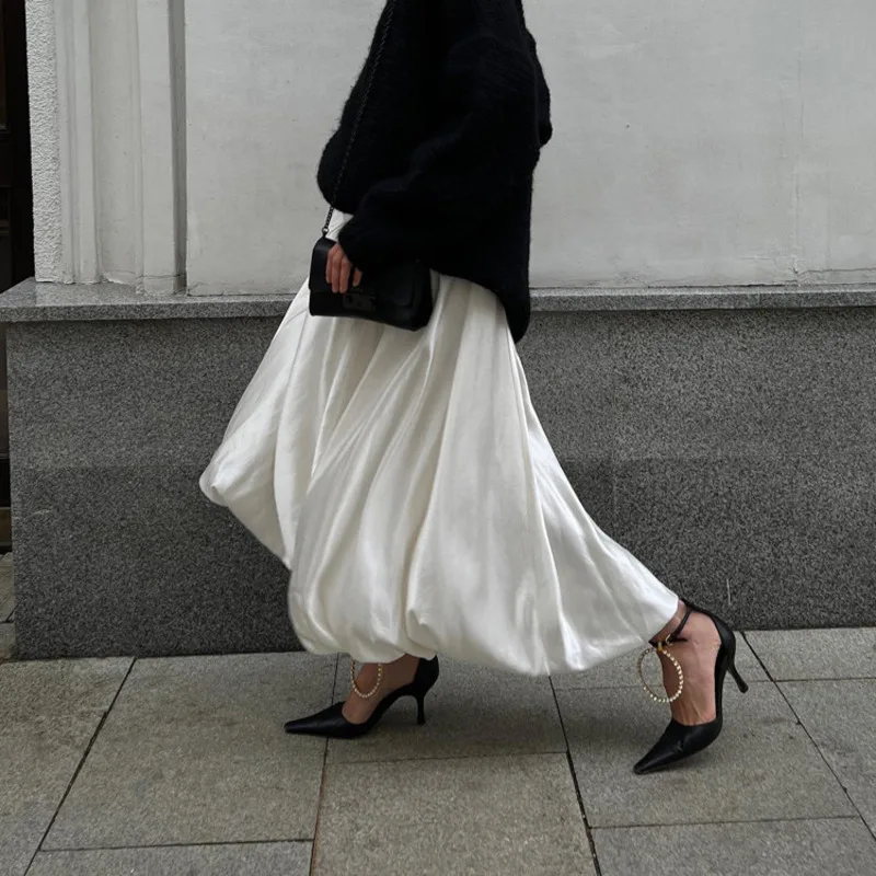 Fashion Women Spring New Balloon Midi Skirt High Waist Ruched Puffy Solid Color Casual Skirt For Office Daily Commute Party Wear