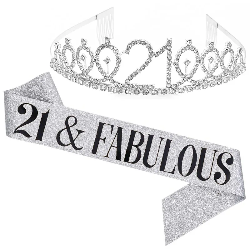 2PCS Fashion Birthday Party Set Women Girls Crowns With Combs Etiquette Belt Princess Tiaras Diadems 10 13 18 21 30 40 Years Old