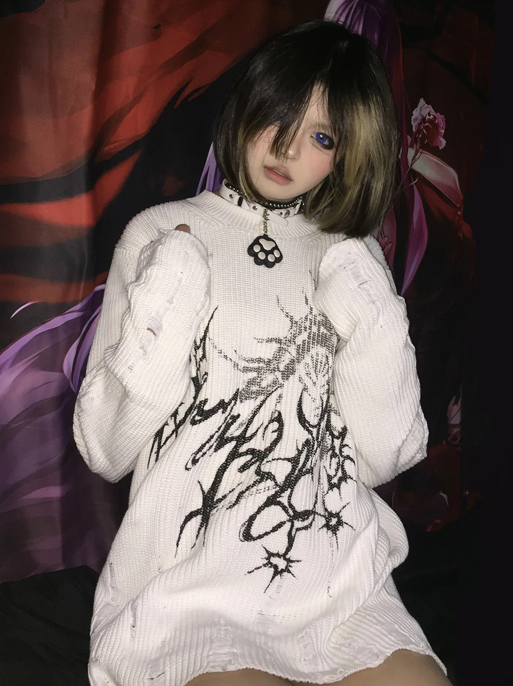 Original Street Subculture Loose Fit Unisex Hoodie Cotton Blend Knitwear Hole Punch Design round Neck Mid-Length Top