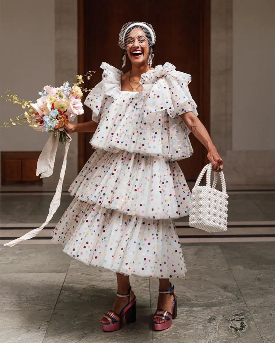 Nuovo arrivo punti tulle a strati abiti da sera convenzionali 2025 lunghezza del tè maniche corte abiti da ballo per le donne Robes De Soirée