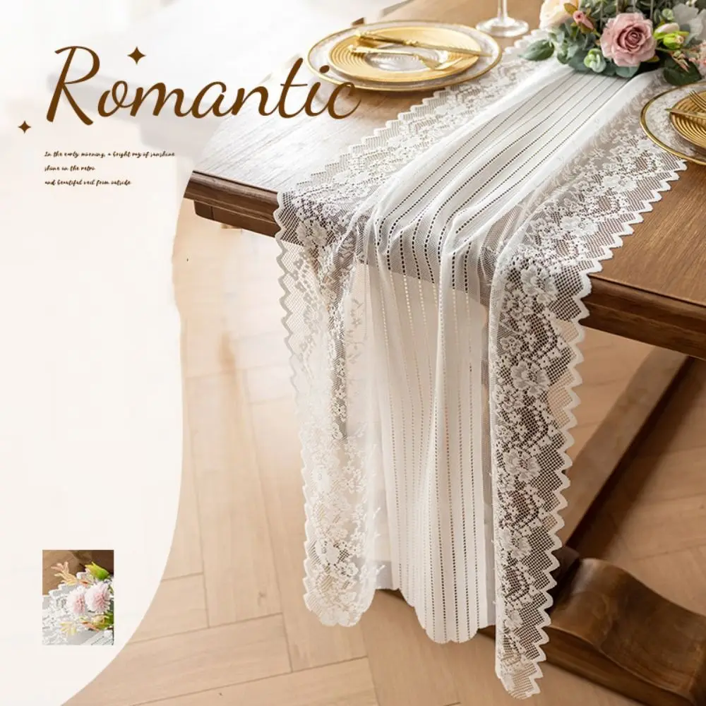 

Hollowed Out Lace Jacquard Table Runner Semi-Sheer French Romantic Embroidered Table Cover Reusable Table Ornament