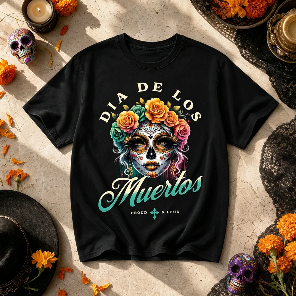 Unisex Day of the Dead Mexican Short Sleeve T-Shirt Breathable Catrina Floral Skull Vintage Gothic Parent-Child Matching Top