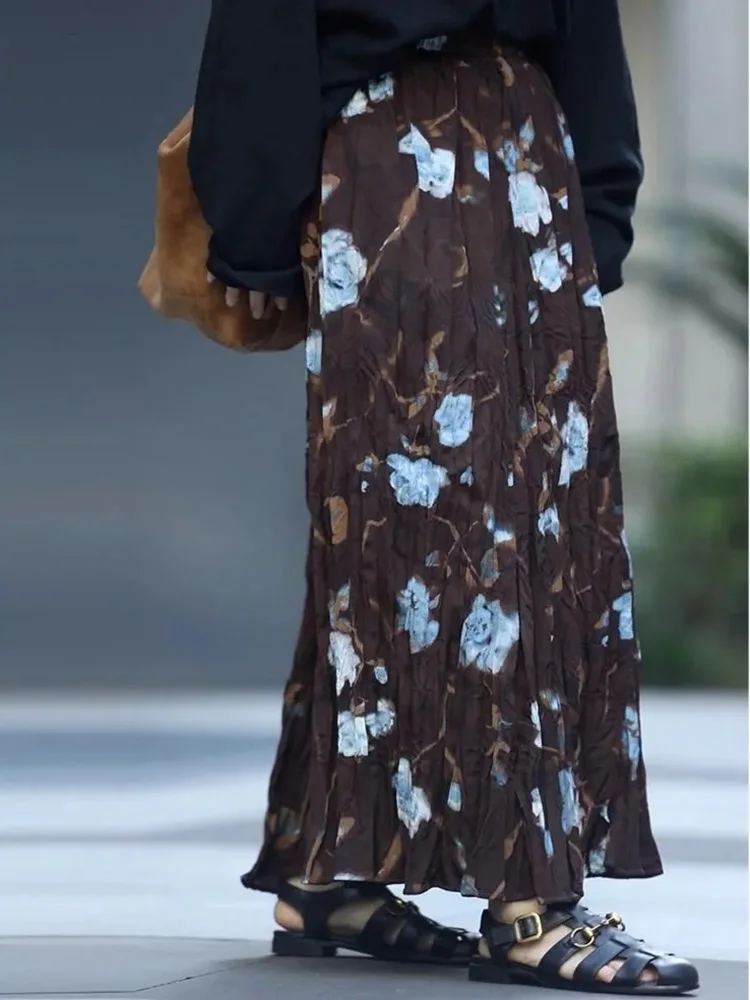 Vintage Floral Pleated Long Skirt Women Loose American Streetwear Retro A Line Skirts High Waist Lady Spring Summer Long Skirts