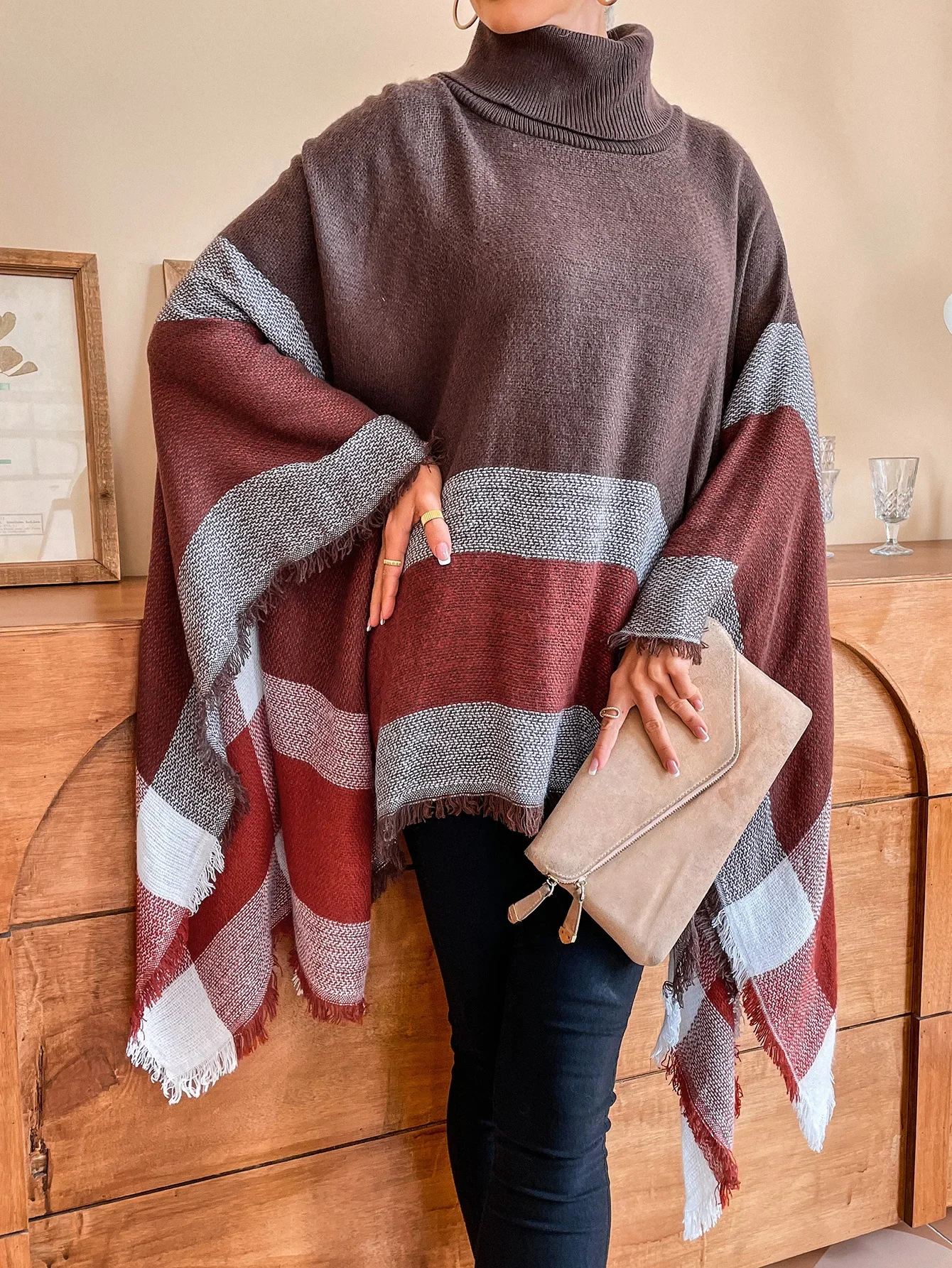 女性用ストライプニットポンチョ,ショールセーター,ロングオーバーコート,厚手の暖かいコート,ハイカラー,ルーズフィット,秋冬