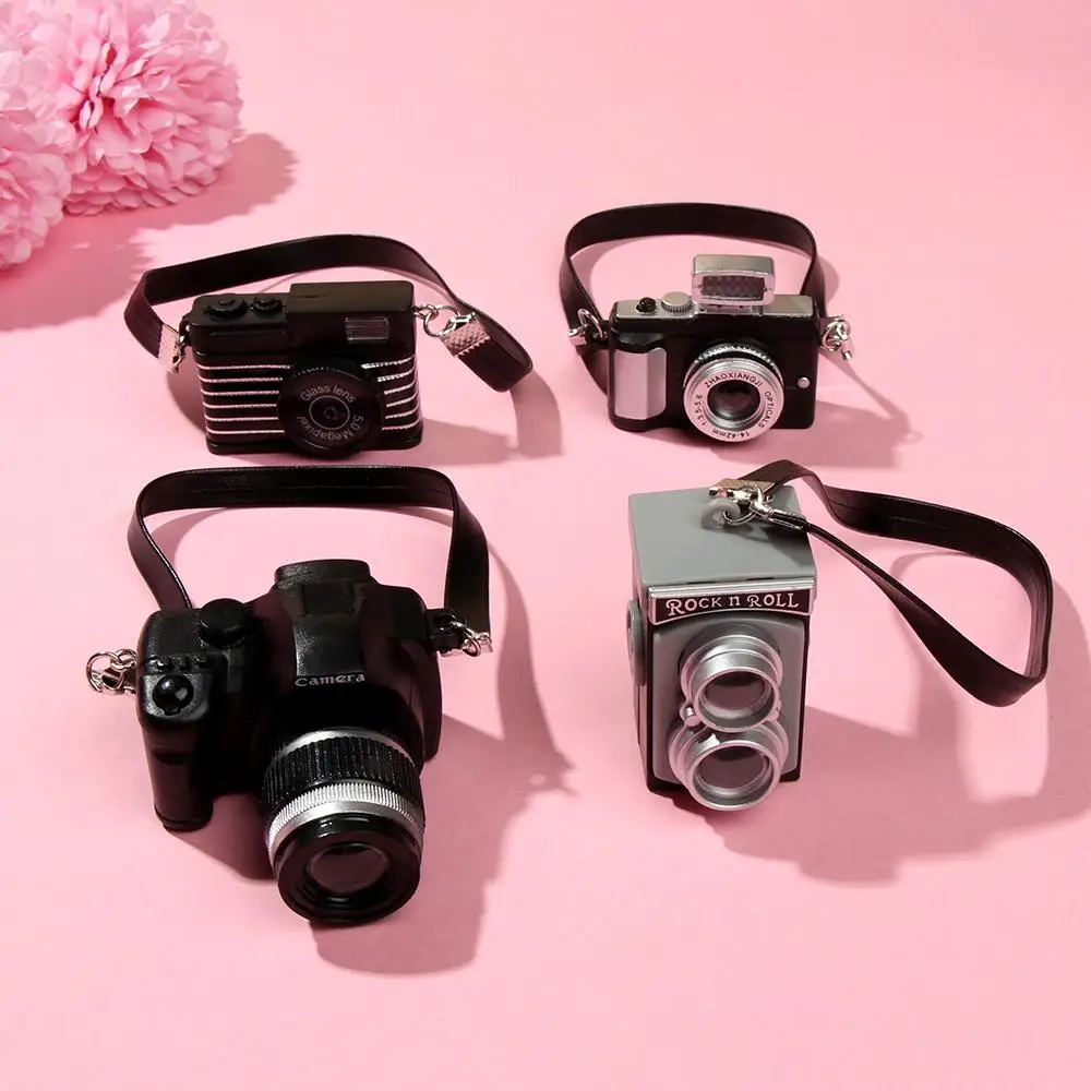 Fashion Miniature 1:12 Scale Dolls Camera With Black Belt Shutter And Flash Mini SLR Digital Camera Model Dollhouse Kids Toys