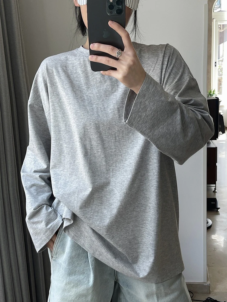 LANMREM Minimalism Loose T-shirt For Women Solid Round Neck Long Sleeve Casual Korean Style Tops 2024 Summer New 26D8884