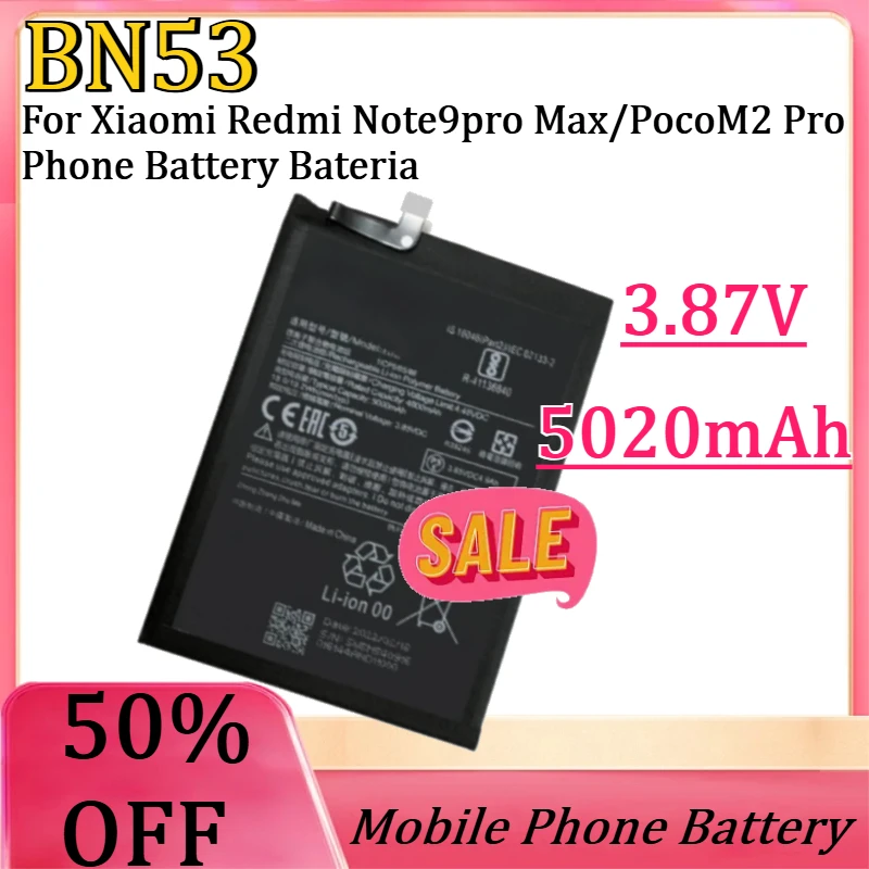 

New BN53 3.87V 5020mAh High Quality Battery for Xiaomi Redmi Note9pro Max/PocoM2 Pro Phone Battery Bateria