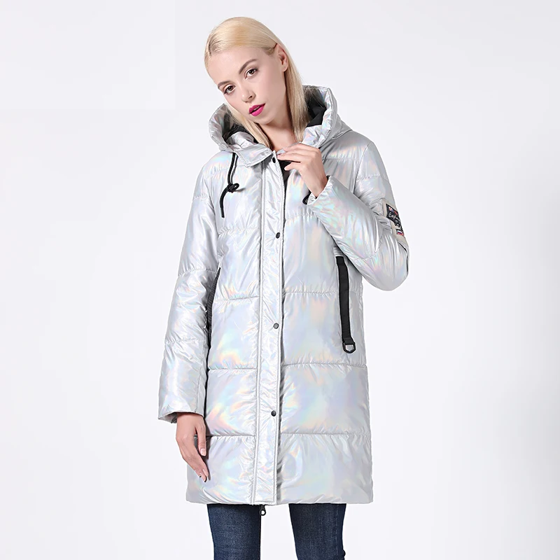 2022 New Winter Jacket Women Silver Holographic Glitter Quilted Long Women\'s Winter Coat Hooded Thick Down Jacket Parka