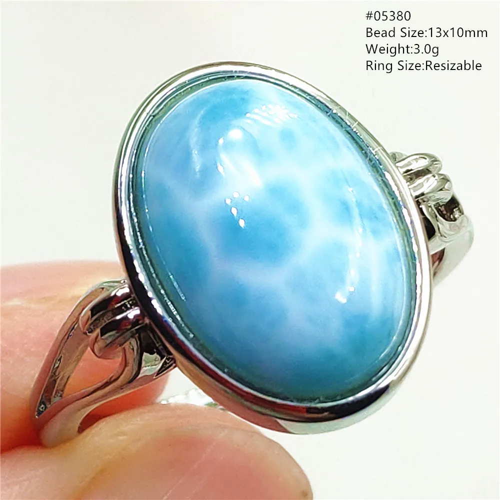 Natural Blue Larimar Oval Adjustable Ring Jewelry Water Pattern Real Larimar For Women Men Healing Fashion Stone AAAAAA