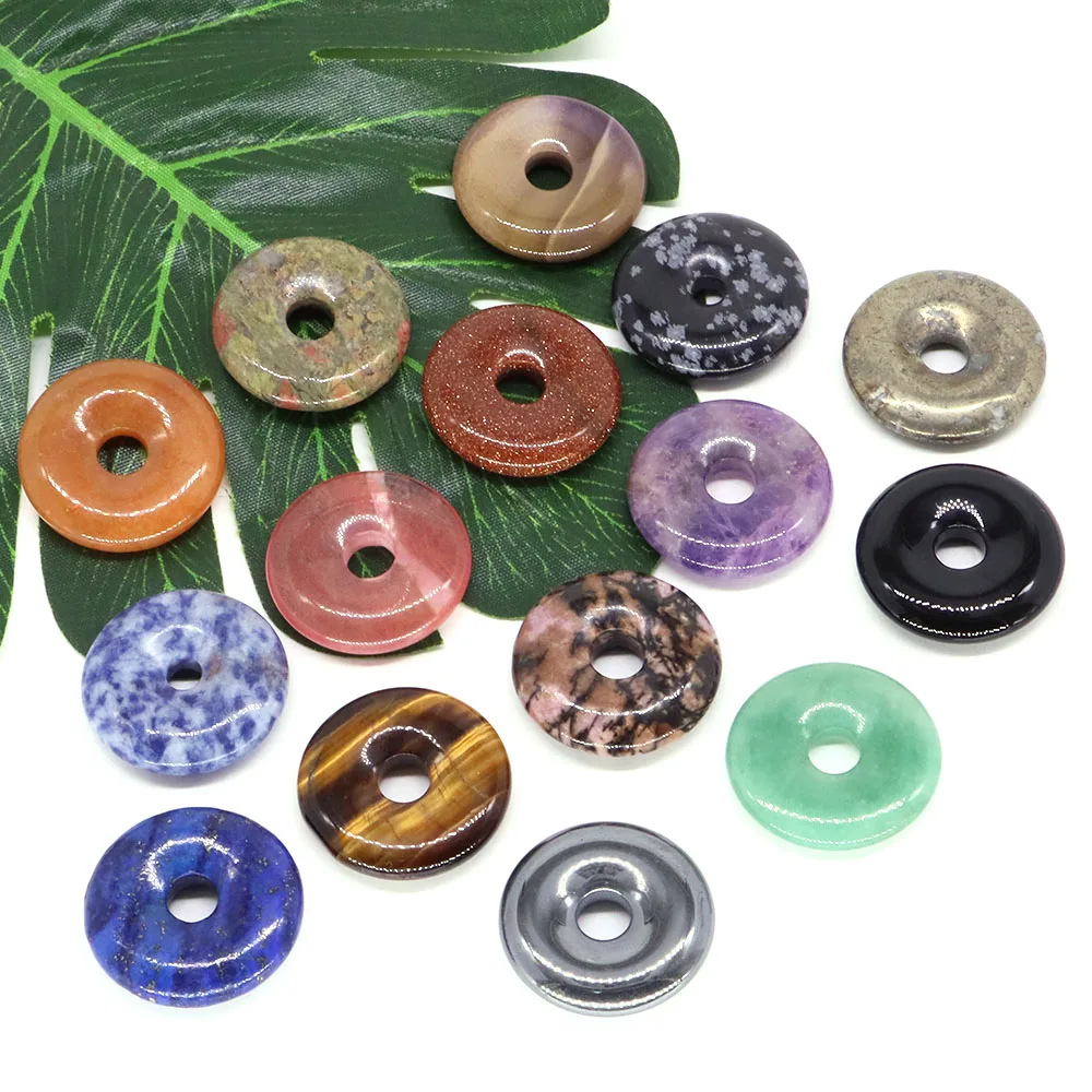 Wholesale 30mm Natural Round Big Hole Hollow Stones Healing Crystals Donut Charm Pendant For Making Jewelry Necklace Lucky Gifts