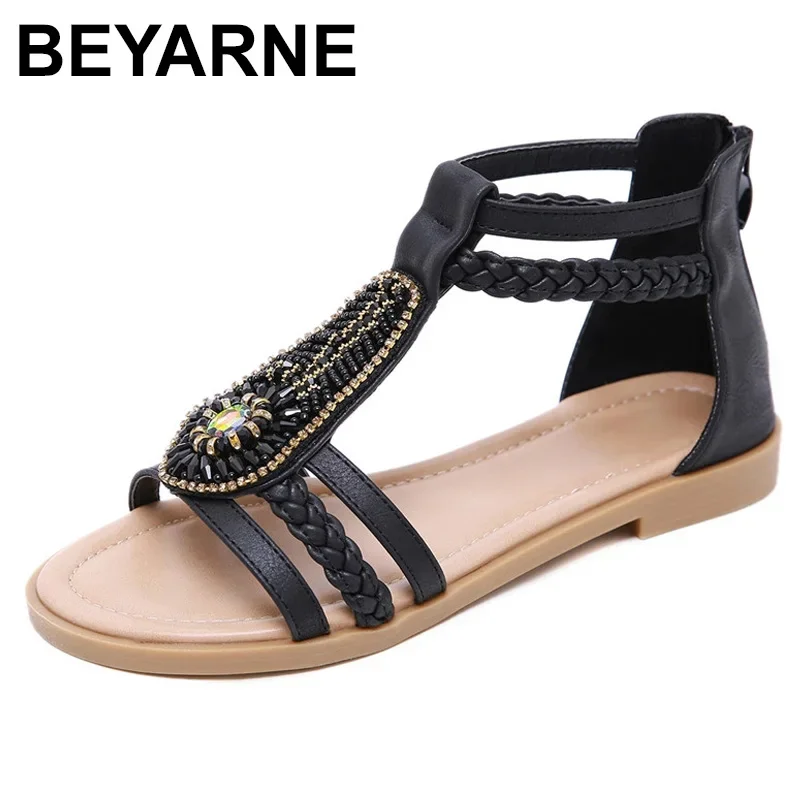 BEYARNE Summer Bohemia Sandals for Women Beach Shoes Women's Sandals Flat Summer Shoes Big Size Fashion Ladies Rome Sandals