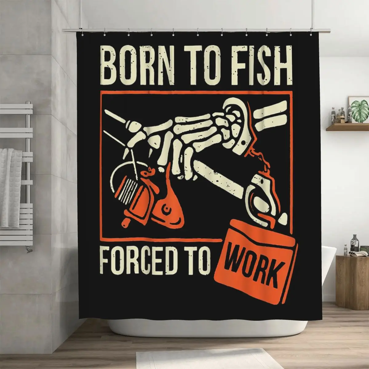 Skeleton Born To Fish Forced To Work Shower Curtain Bathroom Polyester Waterproof Bath Curtains with Hooks