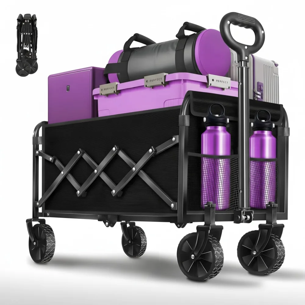 

Foldable Wagon Cart 360LBS Capacity Collapsible Utility Cart with Wheels Drink Holders for Camping Beach Shopping Outdoor