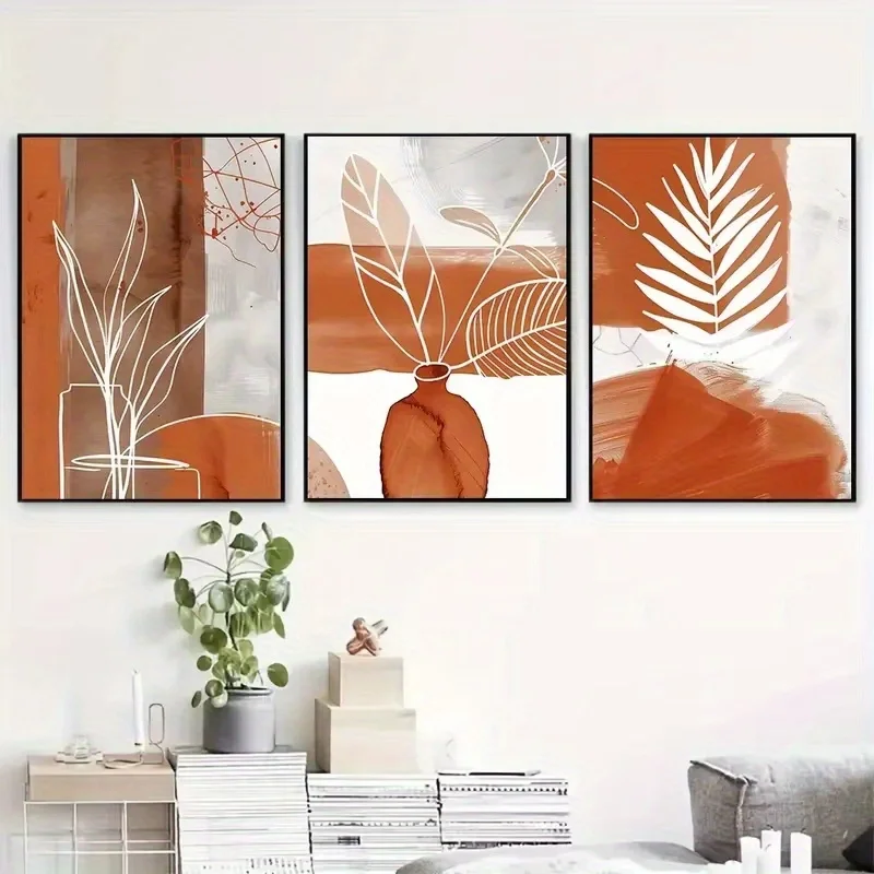 3pcs Canvas Wall Art Set - Terracotta Tones with Simple Shapes & Lines, Prints for Bedroom, Living Room, Minimalist Design, F