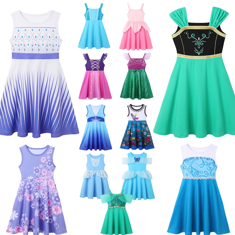 Disney Summer Daily Casual Dresses for Girls Cute Summer Skirt Holiday Dress 2024 Frozen Elsa Anna Costumes Party Clothings