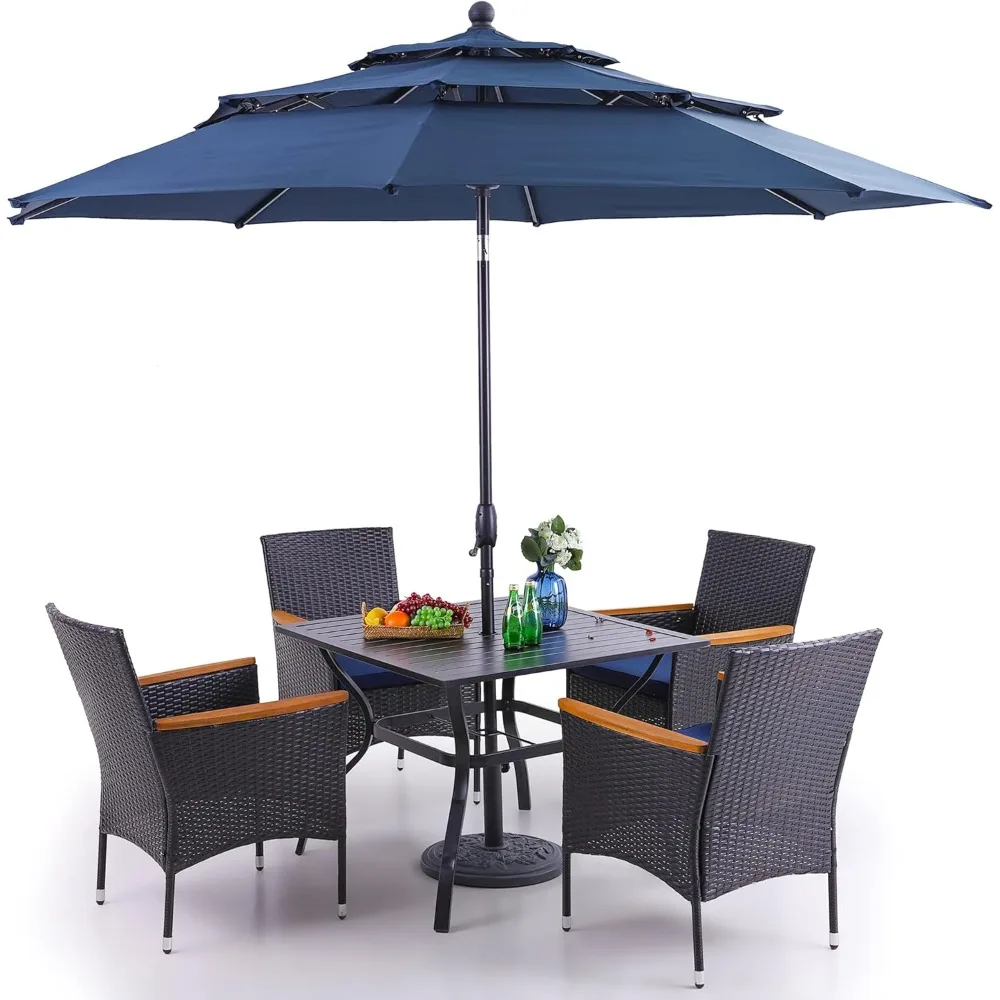 Patio Dining Table Sets 6-Piece with Umbrella, 4 PE Rattan Chairs & 1 10ft Auto-tilt Umbrella (Base Not Included), Dining Table