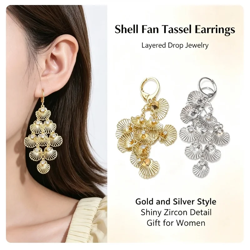 Women Shell Tassel Drop Earrings Rhinestone Inlaid Metal Dangle Ear Jewelry Party Daily Ornament
