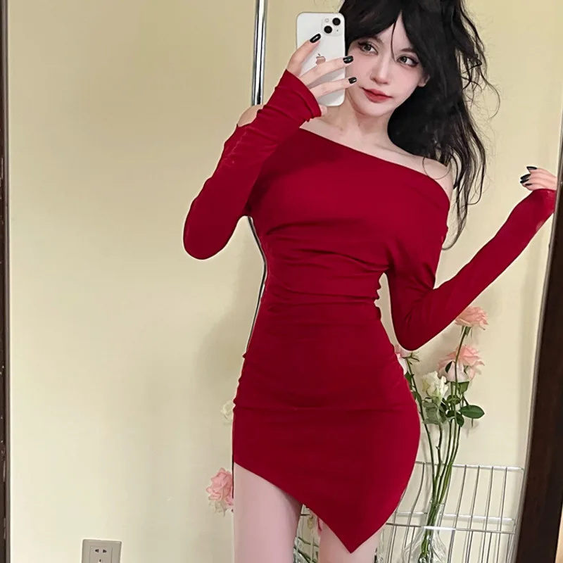 Spice Girls Short Dress 2024 Summer New Slim Red Package Hip Dress Long Sleeve Sexy Retro Autumn/winter Women's Clothing Y2k 티셔츠