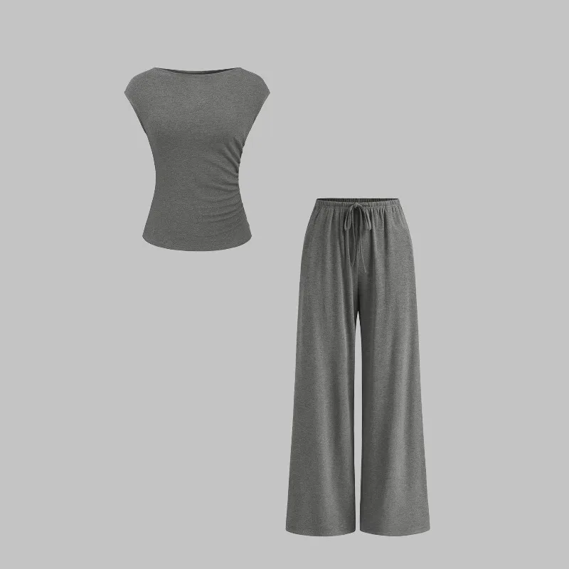 

New Women Casual Suit Grey Wide Leg Pants Comfortable Outfit