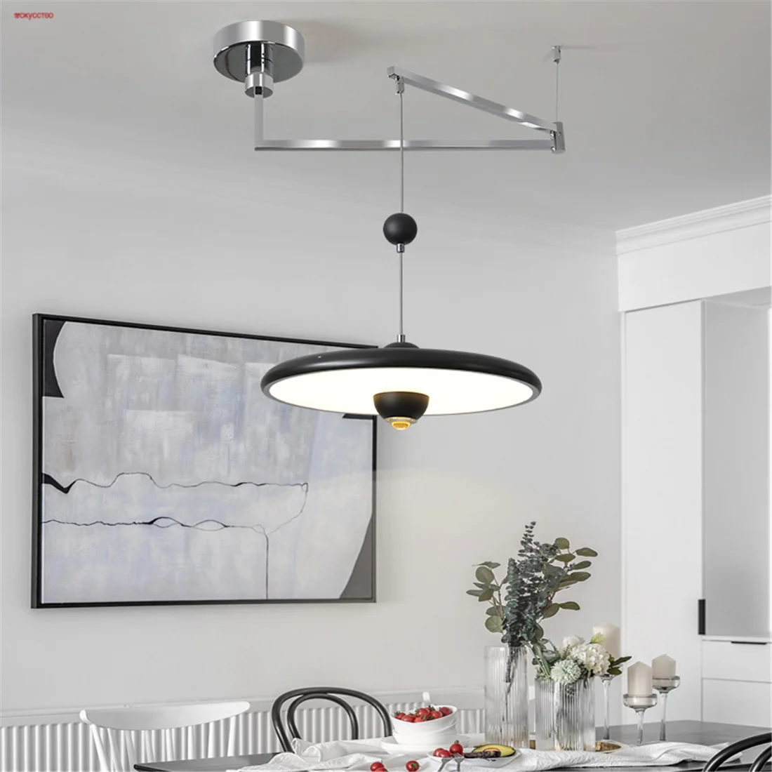 

Nordic Ins Movable Round Ufo Led Chandelier Kitchen Dining Room Bedside Hanging Changeable Lighting Fixtures Home Deco Luster