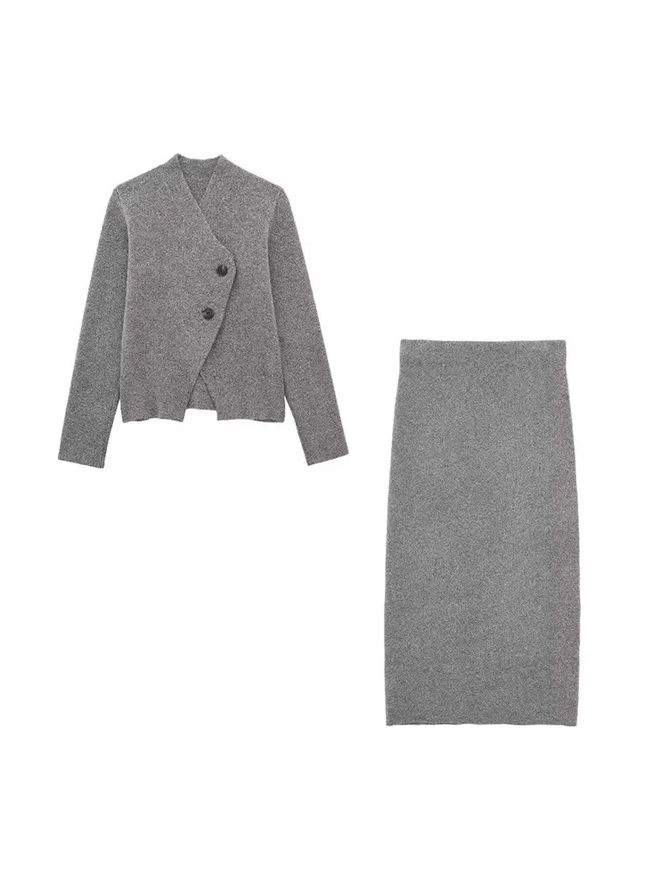 Knitted Cardigan Two Pieces Skirt Sets For Woman 2024 New Autumn Winter Fashion Grey Coats+Mini Skirts Sets Elegant Chic Outfits