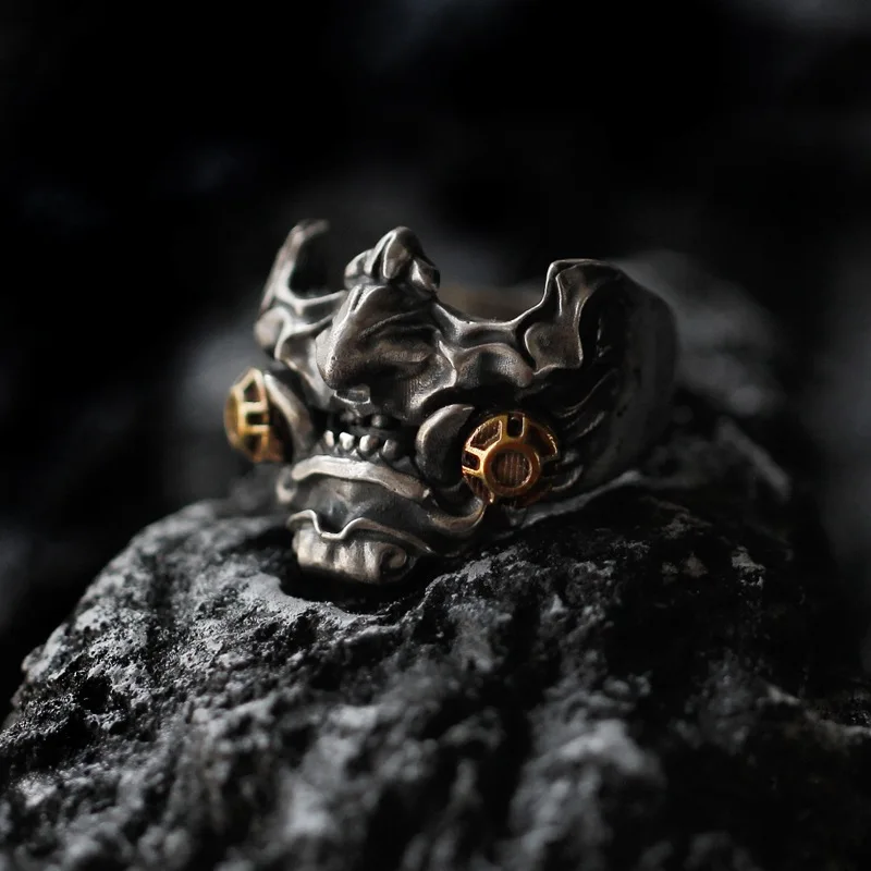 Retro Samurai Cyberpunk Mask Ring Punk Gothic Adjustable Open Ring For Men Copper Designer Jewelry Biker Accessories Unisex Gift