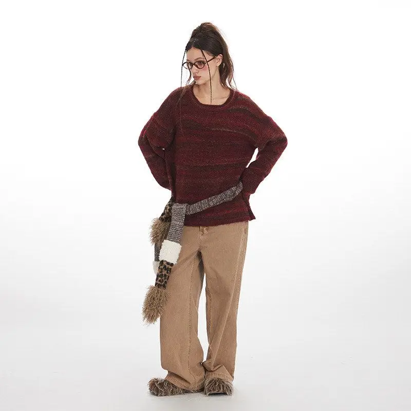 HeyHenry レディース オーバーサイズ ラウンドネック ニットウェア Vネック セーター カジュアル ストライプ アウター 快適 ルーズフィット カップル向け