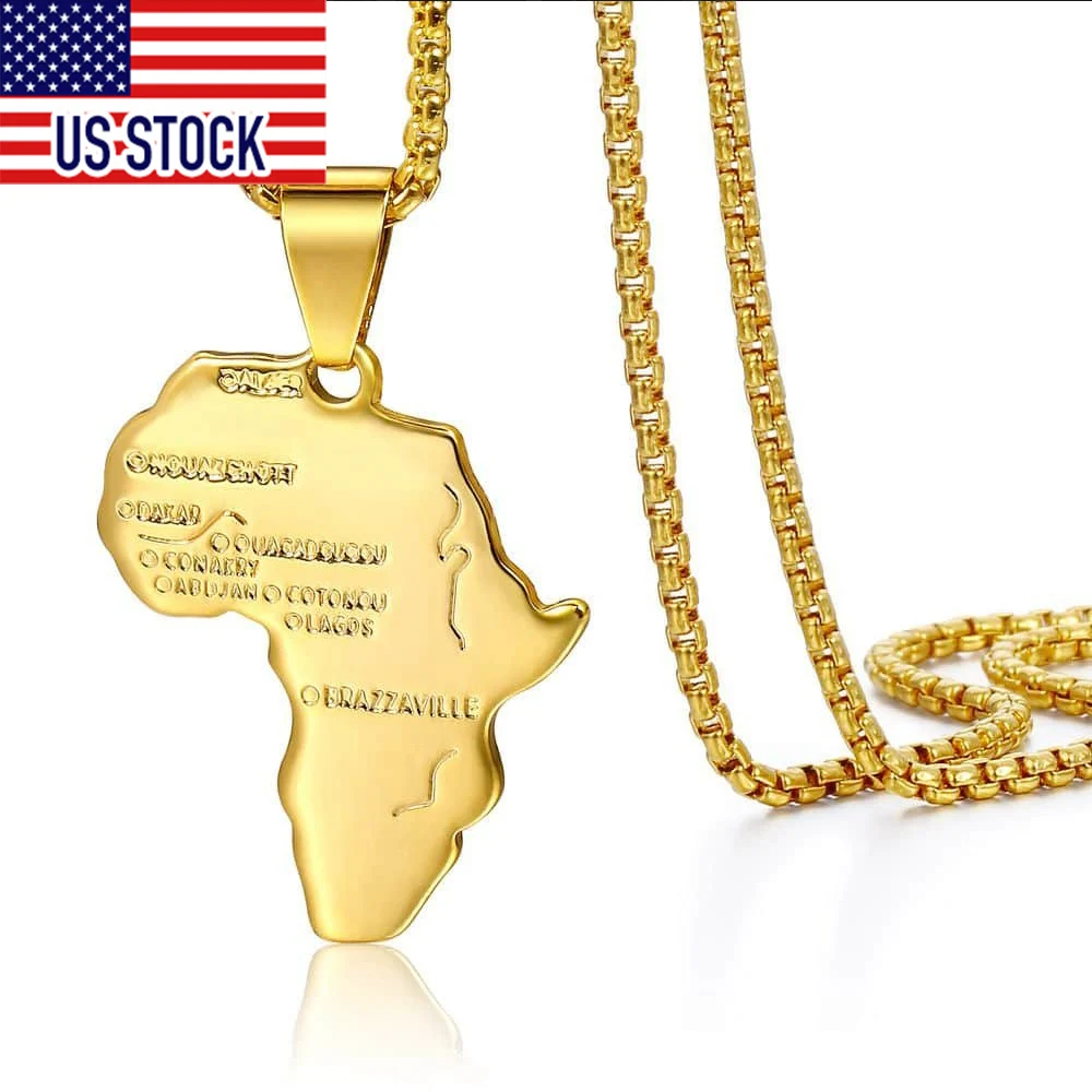 Mens Womens Gold Color Pendant Africa Map Shape Pendant Necklace Box Link Fashion Wholesale Pendant US Stock 18-24inch DGP56