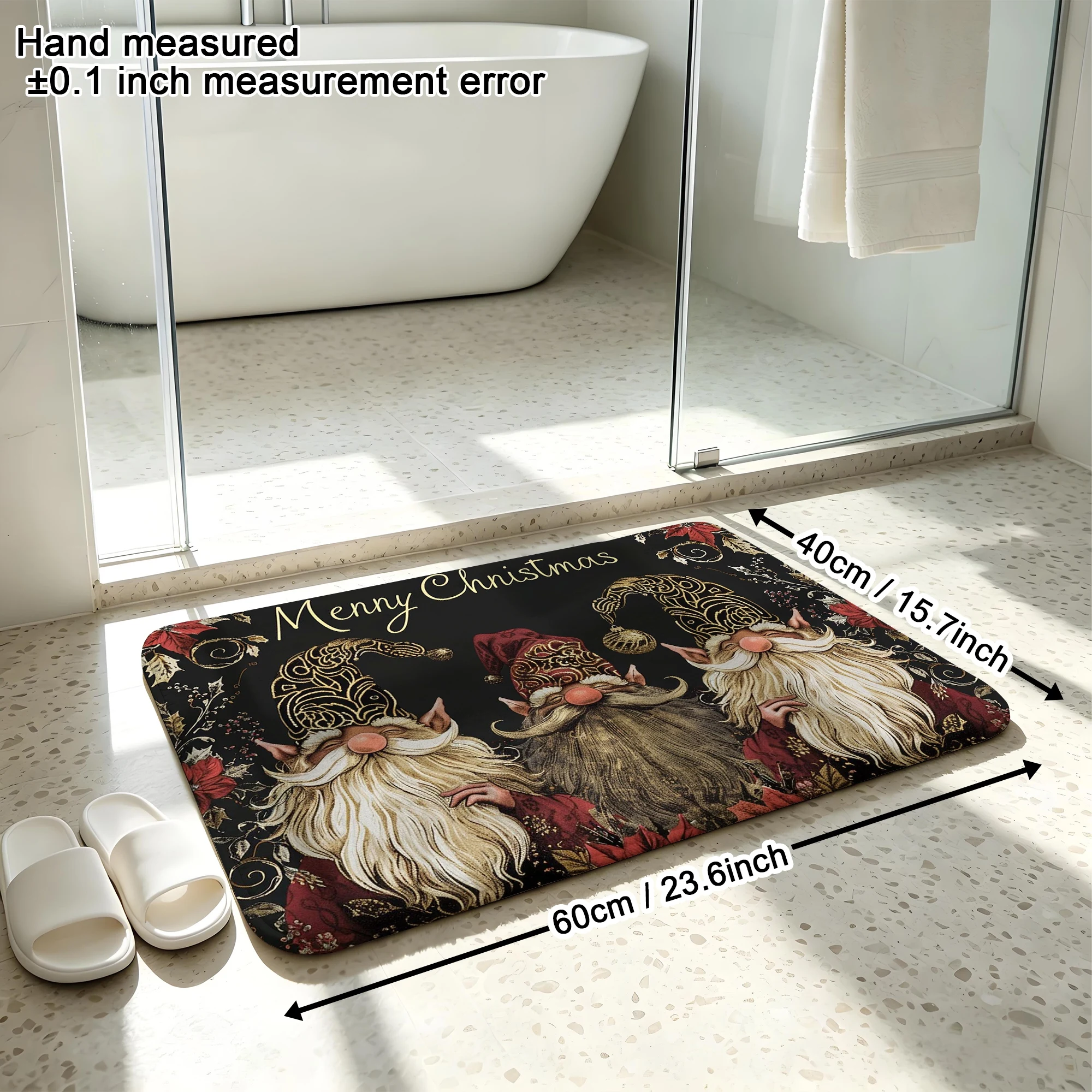 Luxury Vintage Christmas Gnome Floral Print Plush Absorbent Sponge Mat,Bathroom Non‑Slip Mat & Decorative Door Mat