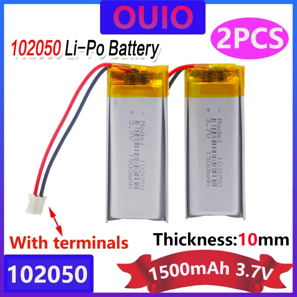 2pcs 3.7V 1500mAh Li-polymer Battery 102050 Cell Li-Po Rechargeable Batteries For MP3 MP4 GPS Bluetooth Headset POS Machines