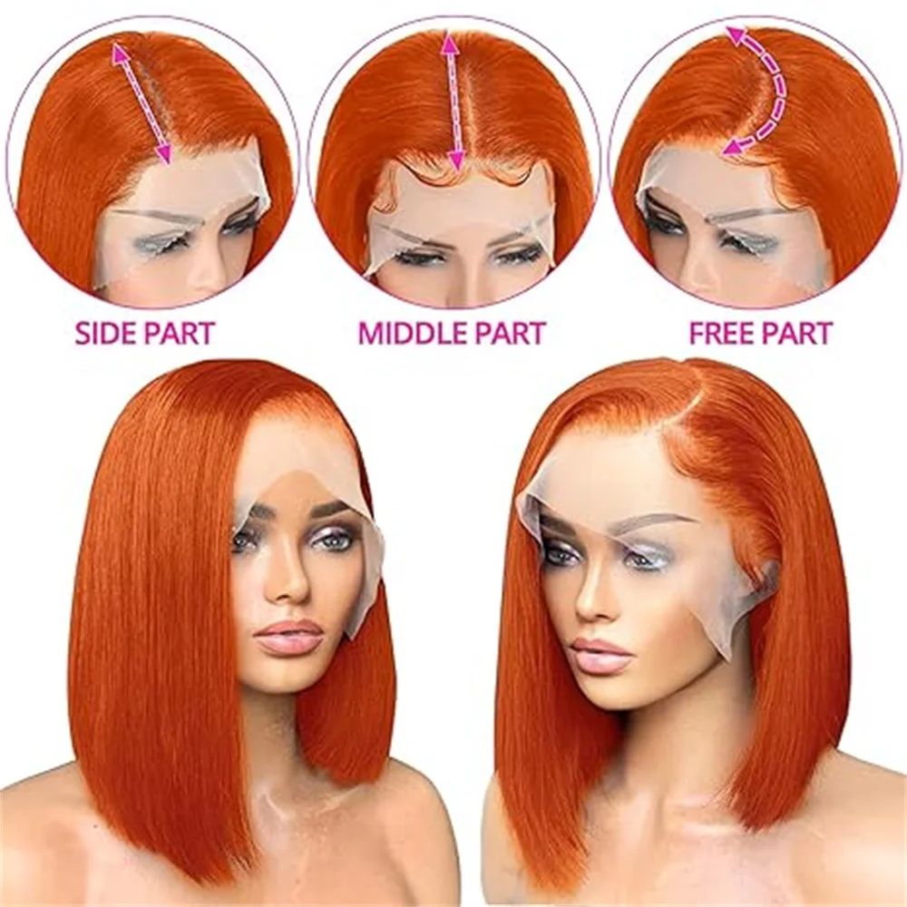 Perruque Bob Lace Front Brésilienne Naturelle Cheveux Lisses, Orange, 13x4, Transparent HD, Pre-Plucked, pour Femme