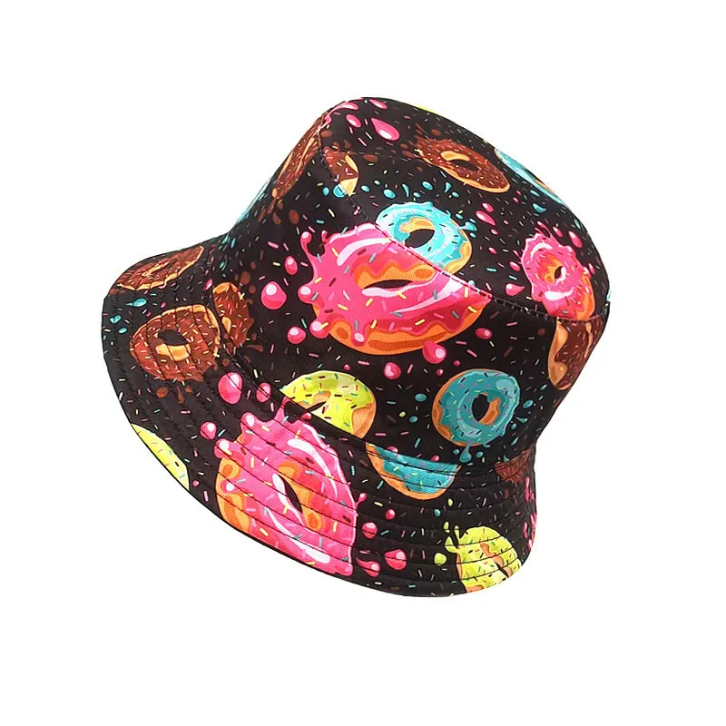 2023 Four Seasons Cotton Cartoon Donuts Print Bucket Hat Fisherman Hat Outdoor Travel Sun Cap for Men and Women 226