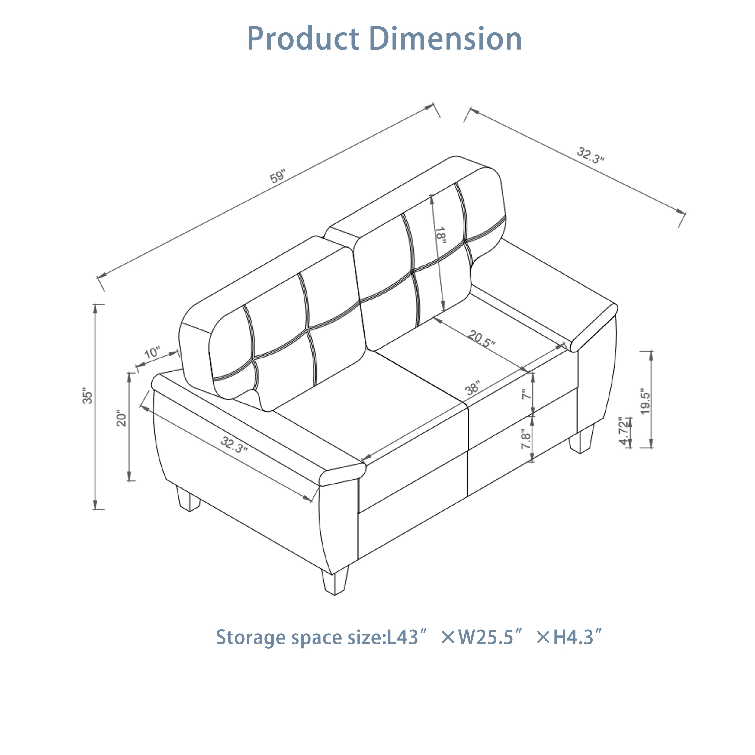 59-Inch Modern Design Double Sofa With Hidden Storage Function Providing A Comfortable Seating Experience And Armrests Suitable For Living Rooms Apartments Study Rooms And Offices