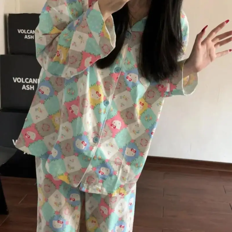 

Sanrio Hello Kitty женские пижамные комплекты для сна Kawaii мультфильм осенние штаны с длинными рукавами одежда для сна домашняя одежда для общежития новинка