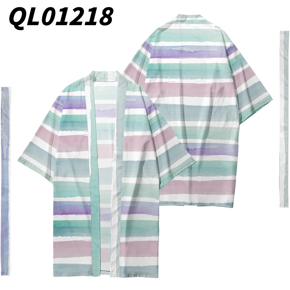 

Japanese Long Kimono And Cargo Pant Samurai Shirts Harajuku Tops Yukata Haori Obi Men Striped Print Cardigan Asian Costume