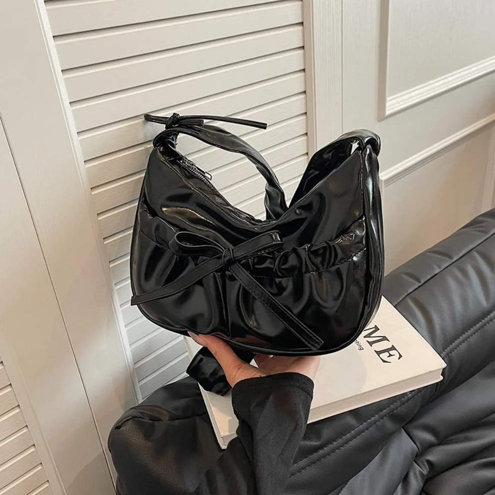 

Large Capacity Bowknot Shoulder Bag Dumpling Type Solid Color Pleated Underarm Bag Waterproof Bright Surface Underarm Bag