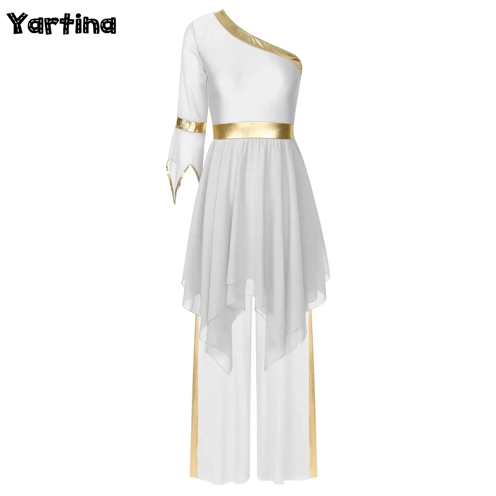 

Womens Worship Church Choir Dance Dress One Shoulder Flared Sleeve Praise Dress with Wide-Leg Pants Liturgical Dance Outfit