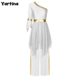 Womens Worship Church Choir Dance Dress One Shoulder Flared Sleeve Praise Dress with Wide-Leg Pants Liturgical Dance Outfit