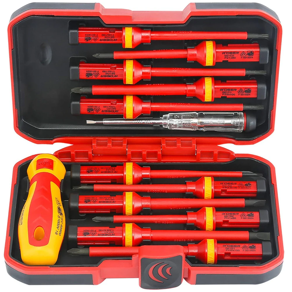 

13pcs 1000V VDE Insulated Screwdriver Electrician Repair Tool Kit Magnetic Screw Driver Slotted Phillips Pozidriv Torx Cr-V Bits