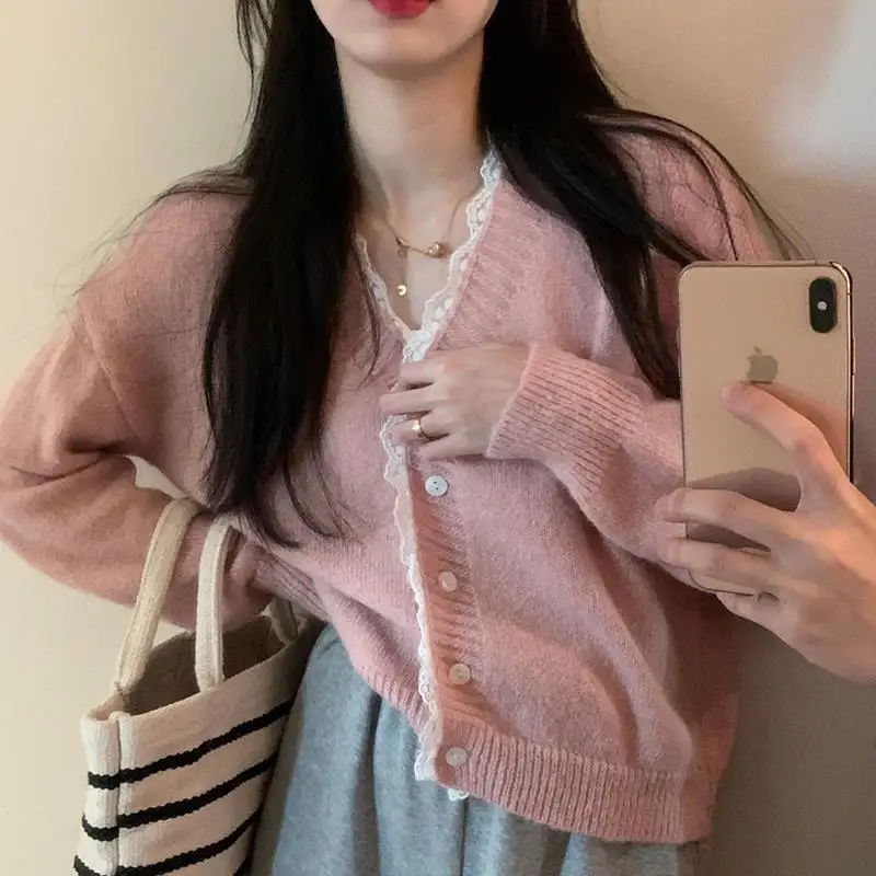 Cardigans Women Crop Sweet College Lace V-neck Aesthetic Kawaii Sweater Autumn Chic Girlish Elegant All-match Stylish Ulzzang