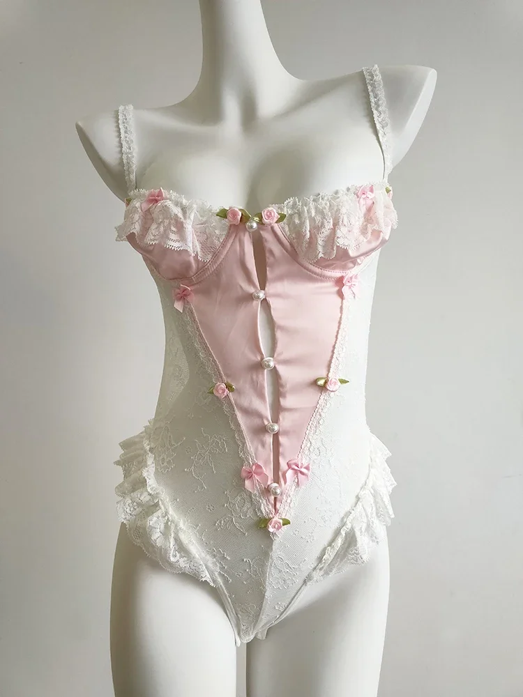 

Sweet Bodysuits Women Floral Bows Decoration Mesh Patchwork Lace Trim Hollow Out Backless Bottoming Tops Cute Tee Kawaii Clothes