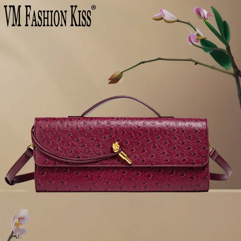 Burgundy Bag Cherry Red Envelope Wine Red Envelope Upscale New Handbag European And American Fashion Ostrich Flip Hand Bag