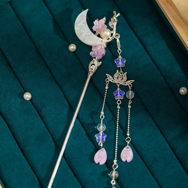 Moon Shaped Hairpin Chopstick Purple Beads Tassel Hair Stick For Women Chinese Hanfu Hair Jewelry Retro Wedding Hair Accessories