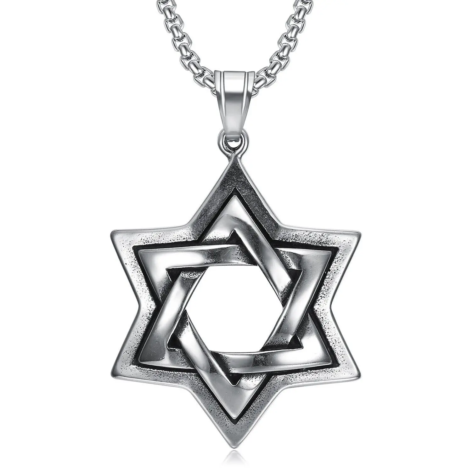 Vintage Large Jewish 6 Point Star of David Pendant Stainless Steel Necklace Chain