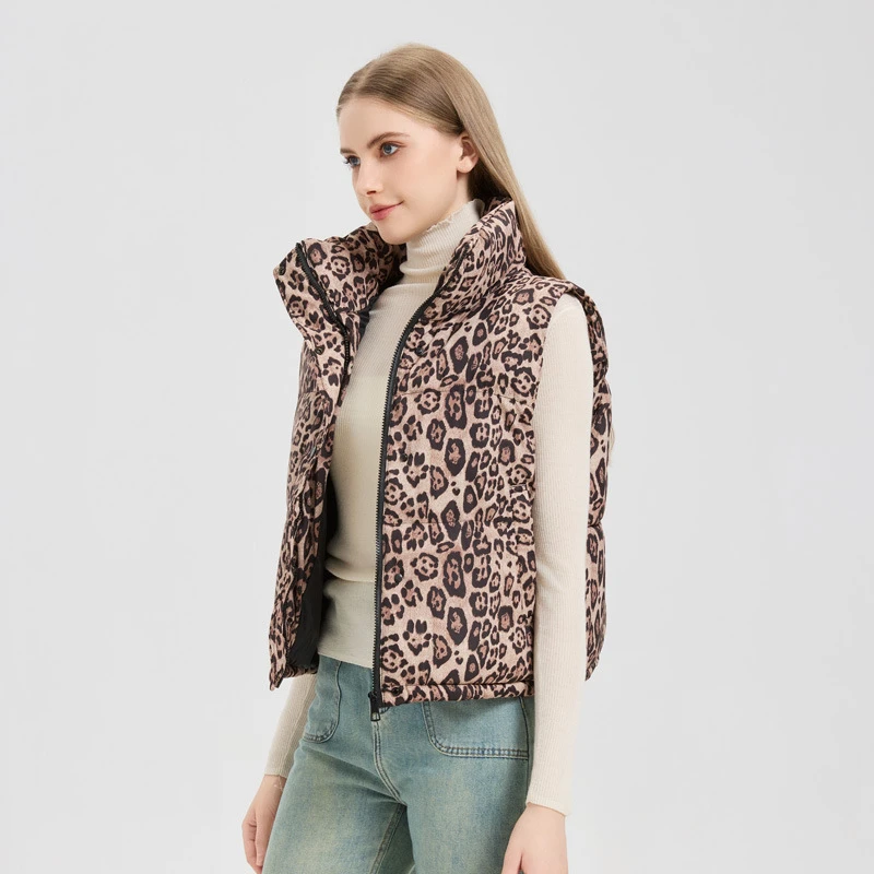 European American Style Leopard Print Vest Cotton Padded Jackets Autumn Winter Women's Sleeveless Stand Collar Down Waistcoat