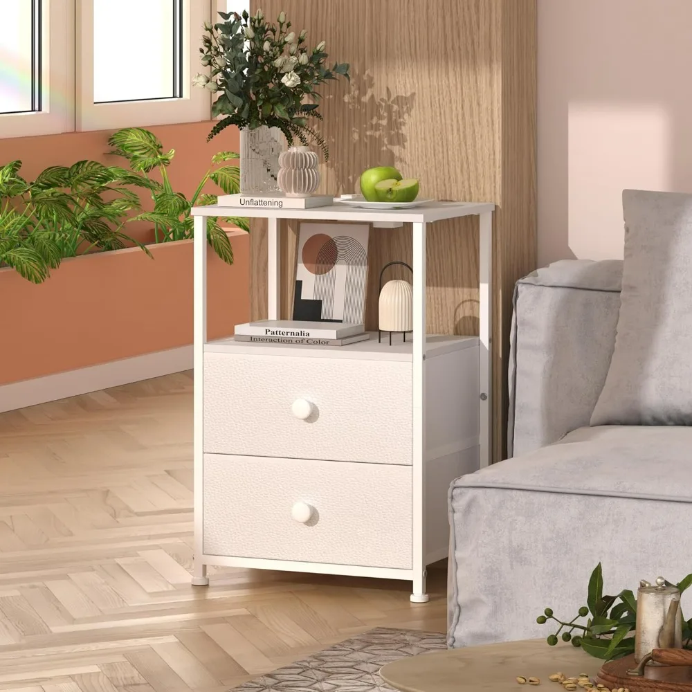 

Nightstands.Sofa End Tables with Charging Station LED Light Nightstand Bedroom Bed Side Dresser with Fabric Drawers Open Storage