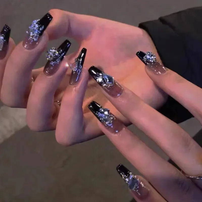 

24Pcs False Nails French Gradient Ballet Fake Nails Press on Nails Black Heart Rhinestone Design Glitter Full Cover Nail Tips