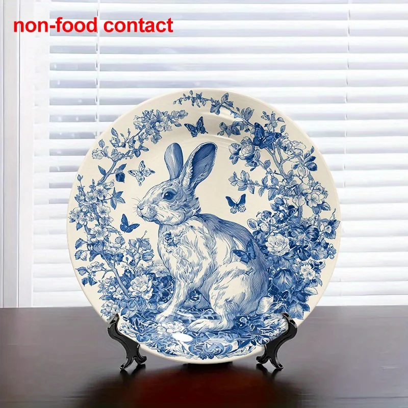 1pc 8-Inch Round Ceramic Hanging Wall Art Plate - Vintage Blue Rabbit & Floral Design, Non-Food Contact Home Decor, Jewelry