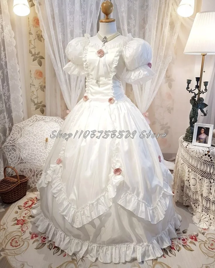 Elegant Pure White Satin Wedding Dress Simple Square Neck Bubble Sleeve Lace Stereoscopic Rose Corset Ruffle Pleated Bridal Gown